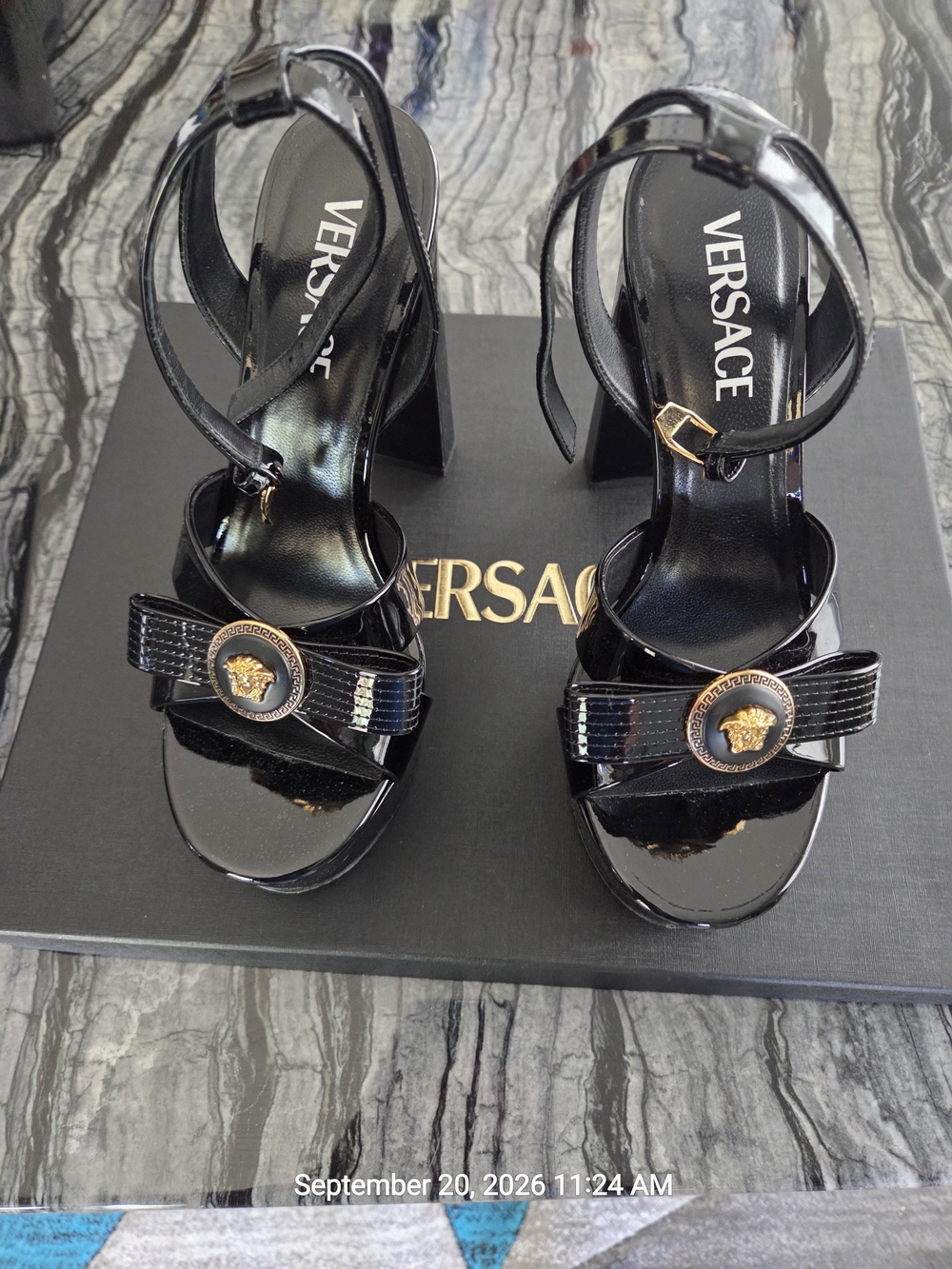 Versace Gianni Ribbon Platform Black Patent Leather Block Heel Sandals